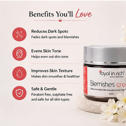 Royal In Rich Blemishes Cream – For Dark Spots, Blemishes & Uneven Skin Tone | 50gm